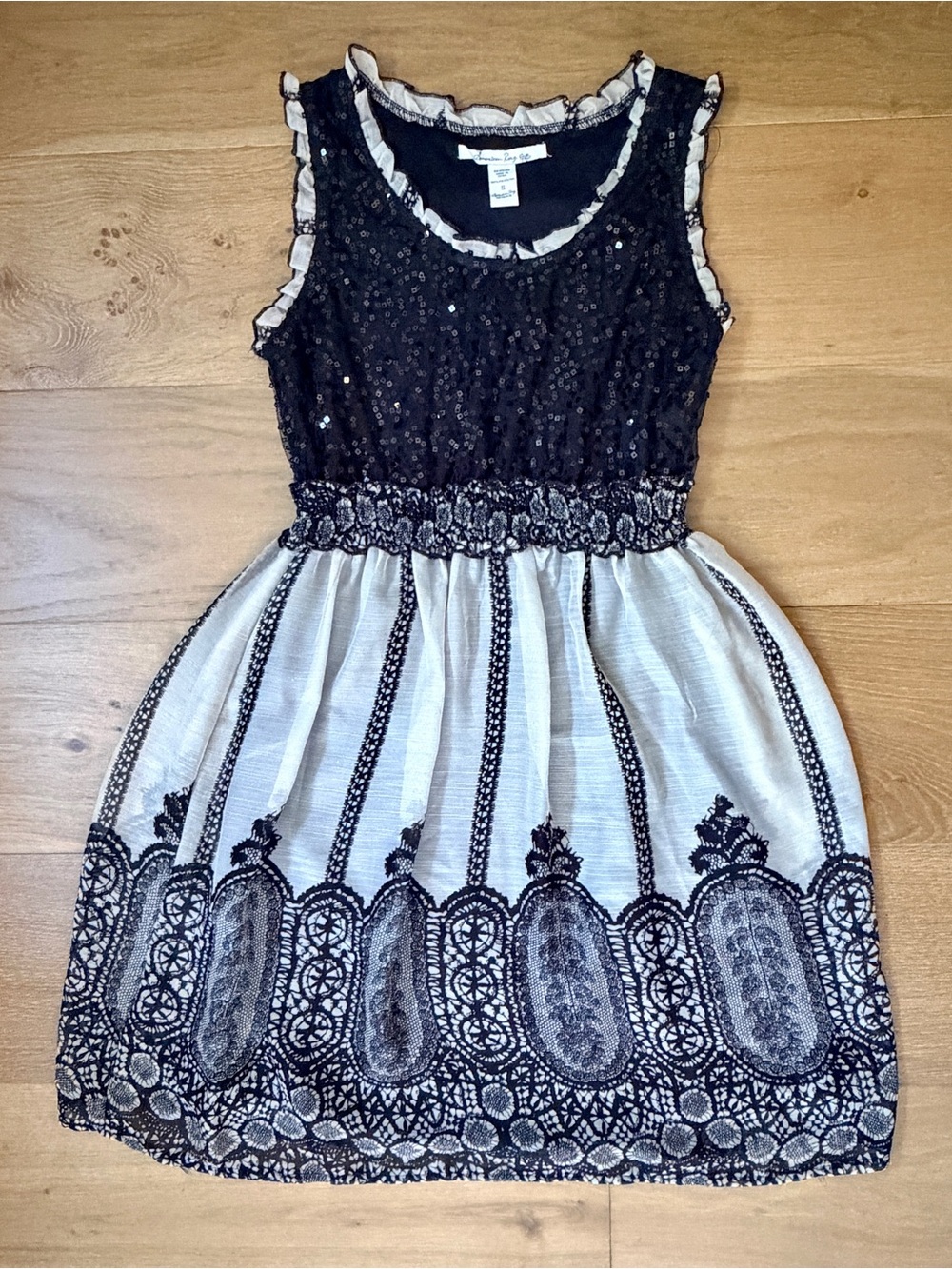 American Rag Black Sequin Bodice Ivory Lace Print Skirt Cocktail Dress Small